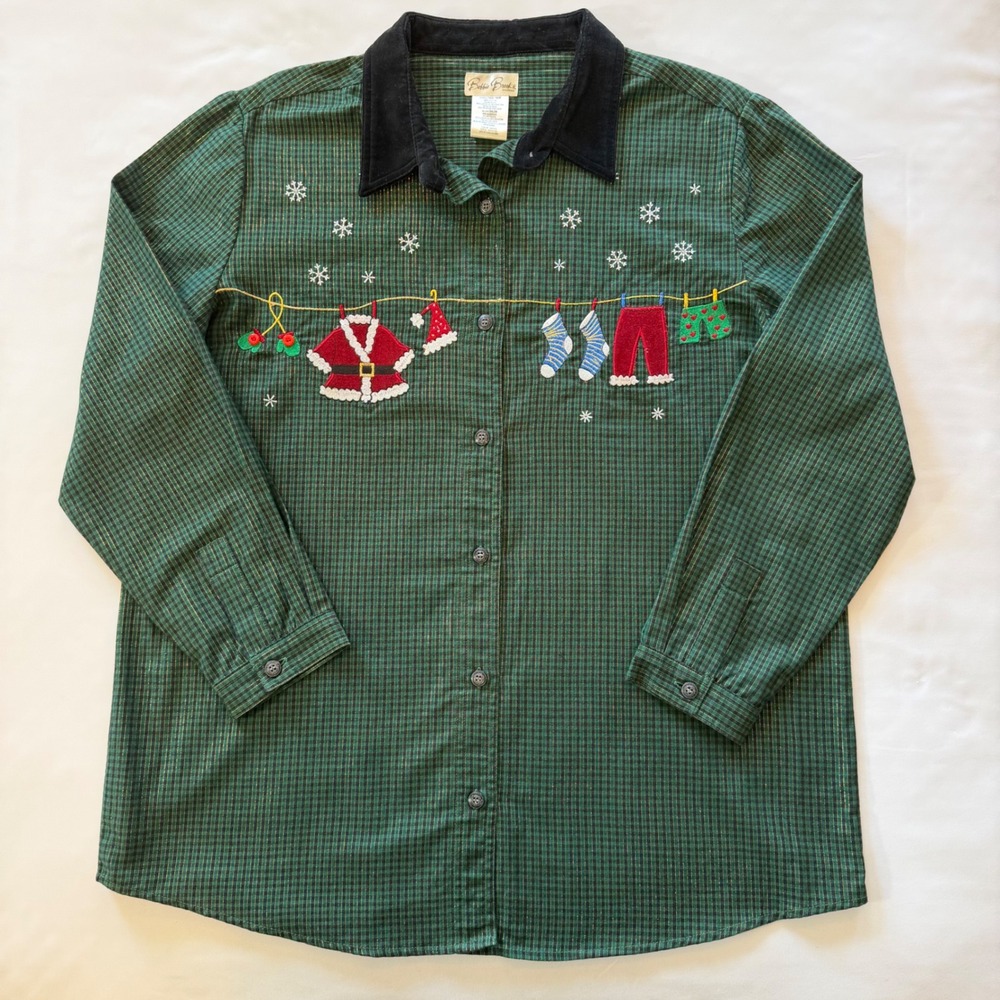 Vintage Christmas Shirt Bobbie Brooks 14W 16W Green Plaid Santa's Clothesline